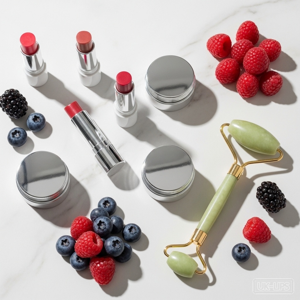 Lip detox product flat lay with balms and natural elements