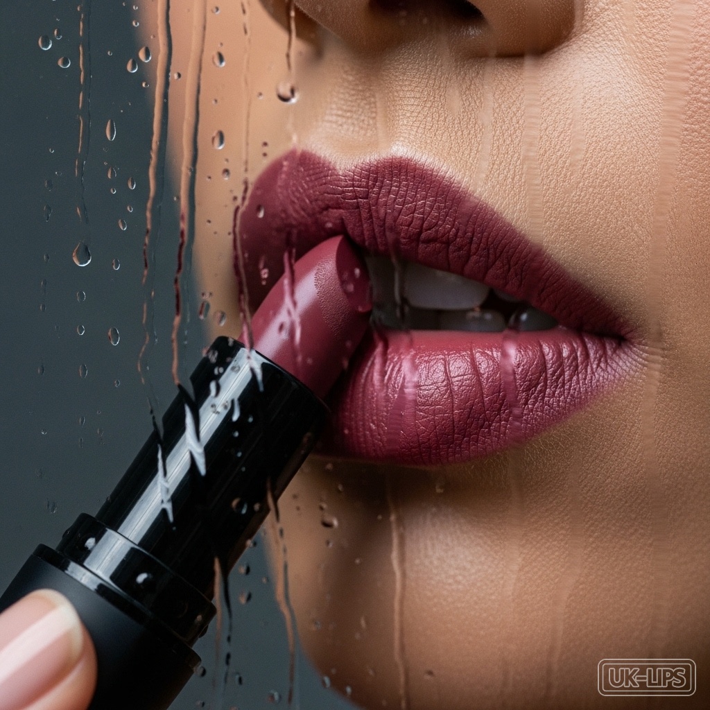 Applying matte lipstick in rainy UK weather, macro beauty editorial view