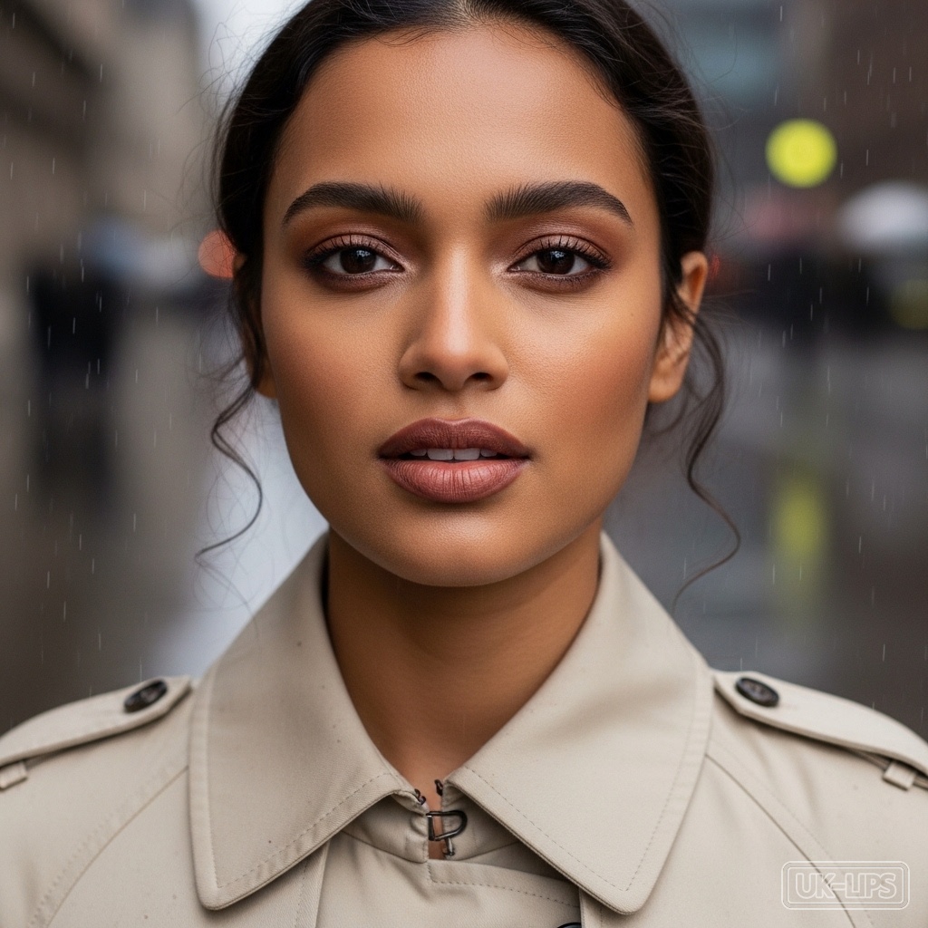 Layered matte lips on a woman braving rainy British streets, editorial style