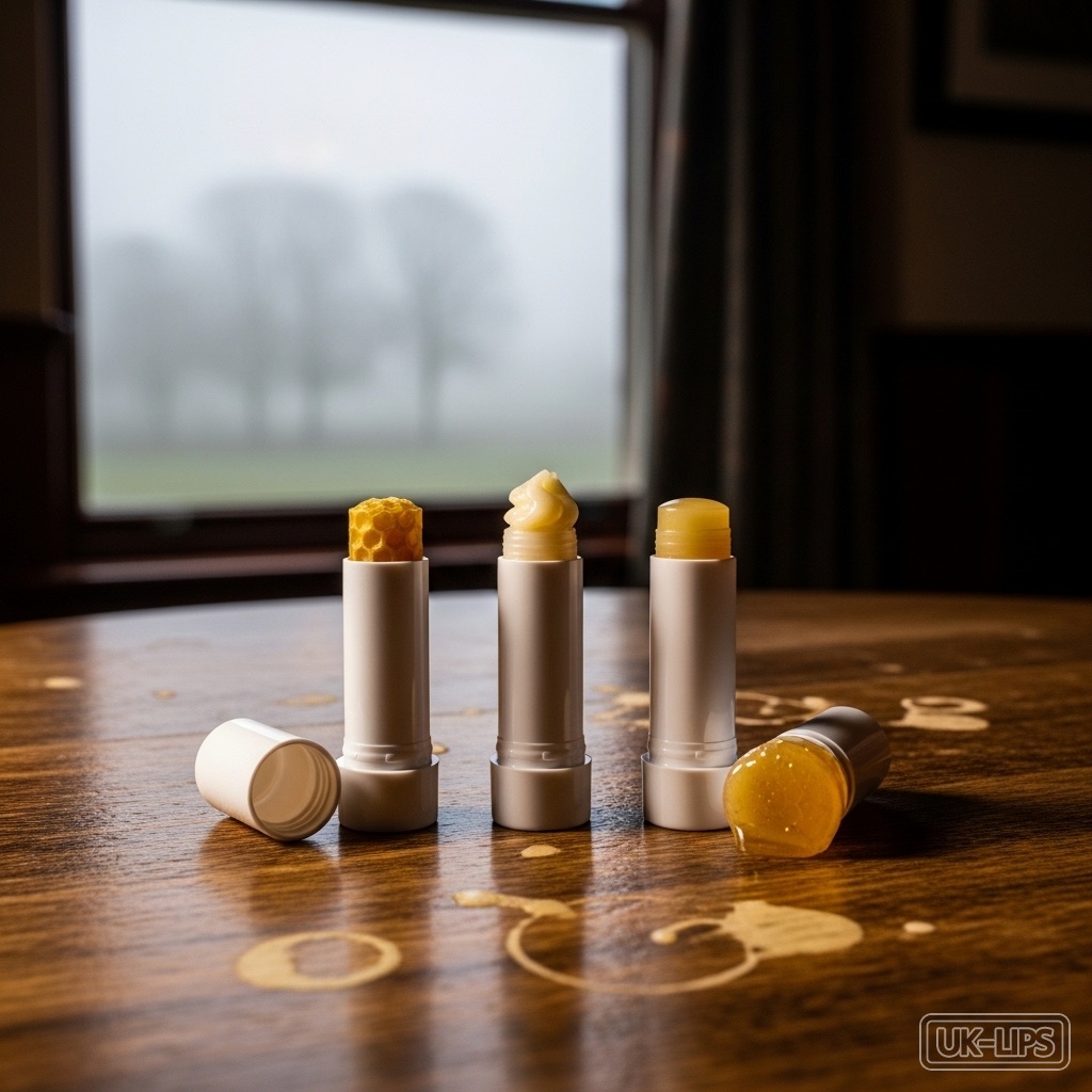 Close-up of hydrating lip balms on a pub table, ready for winter protection.