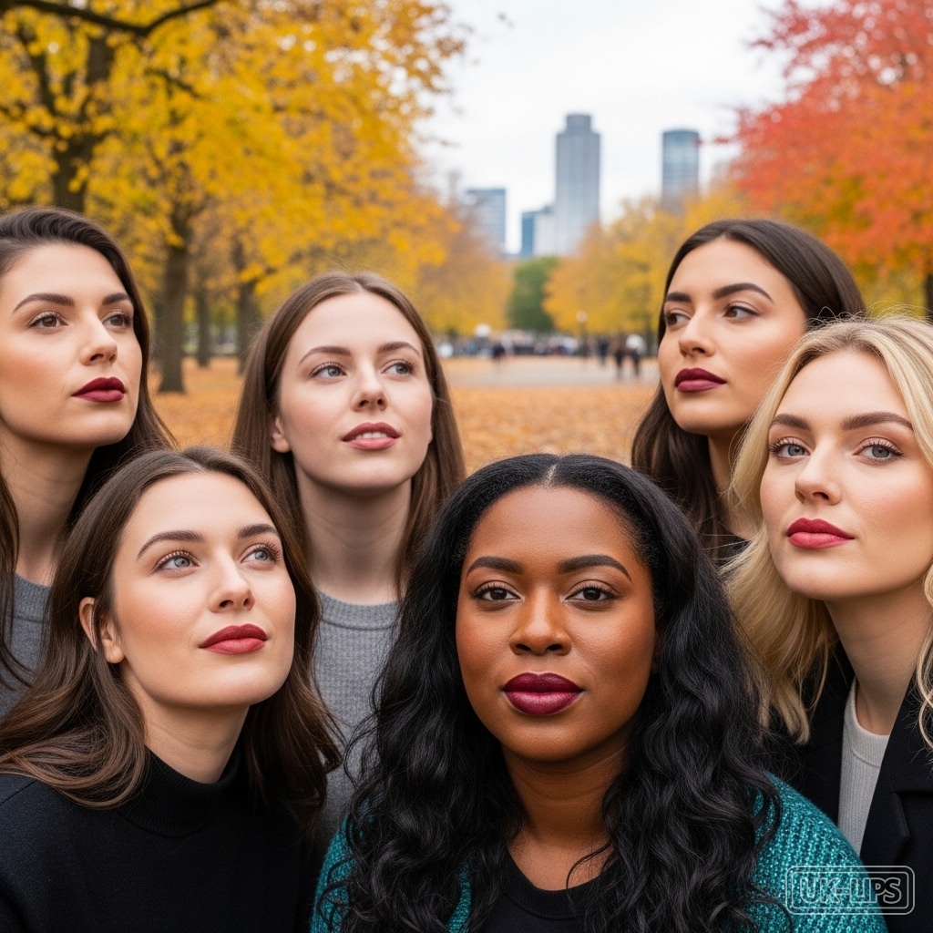 Diverse women with varied lip shades in a UK park, representing racial and class inclusivity in beauty