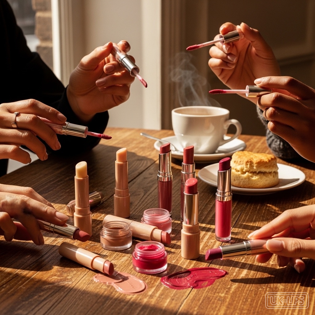 High-street lip balms and glosses on a cafe table with diverse hands applying, highlighting accessible beauty options