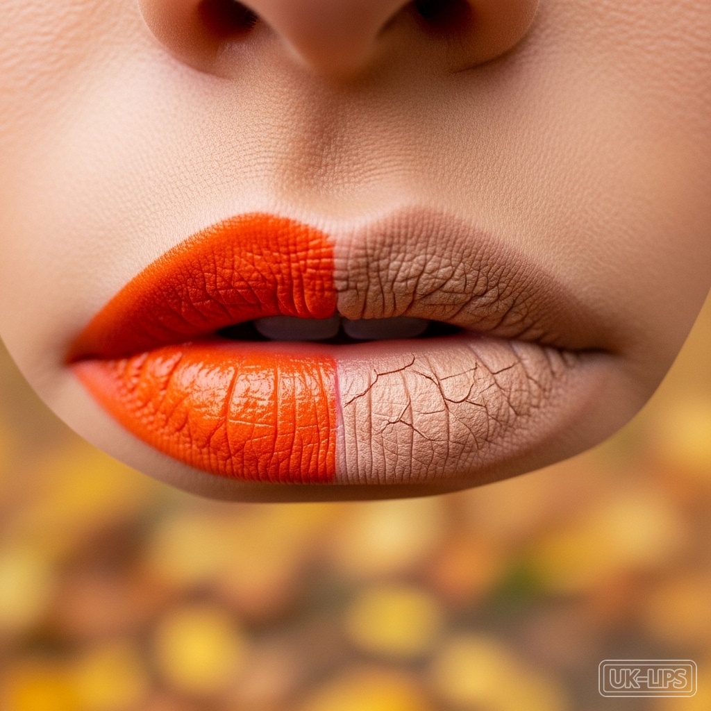 Woman's lips shifting from orange to nude amid autumn leaves, illustrating post-Halloween colour psychology