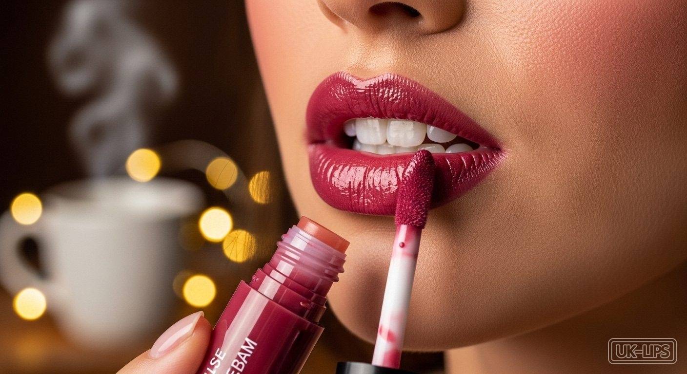 Woman's lips applying multitasking tinted lip balm for festive multitasking beauty routine