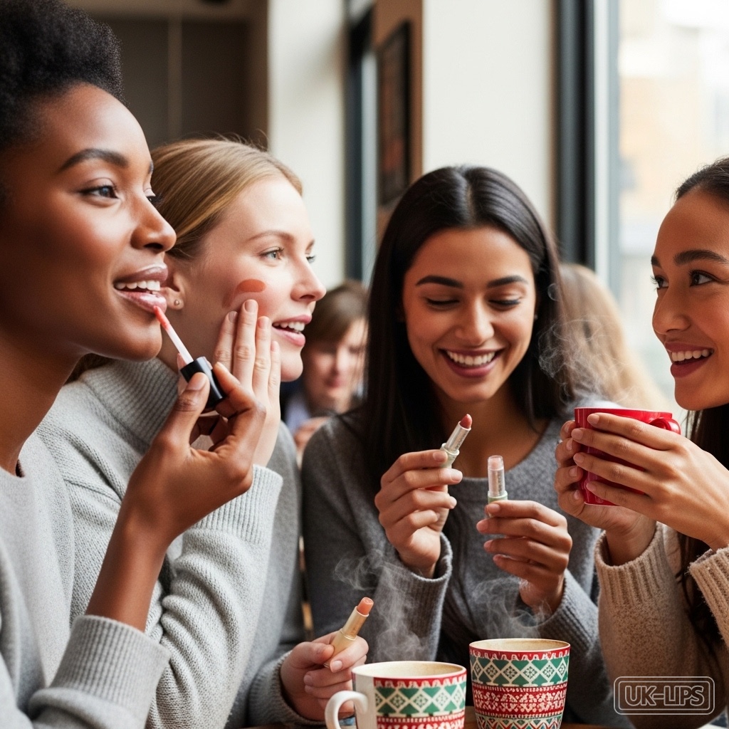 Women using multitasking lip balms in casual festive setting for easy beauty multitasking