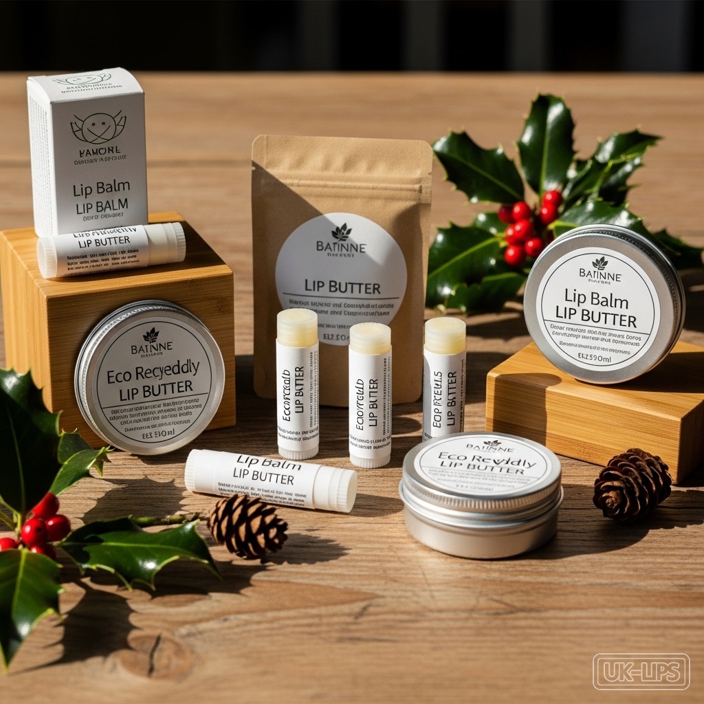 Selection of sustainable UK lip balms featuring natural ingredients for winter protection.