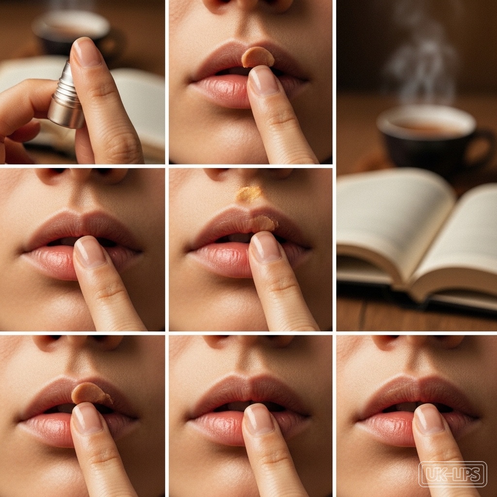Tutorial-style image demonstrating easy lip balm application for winter care.