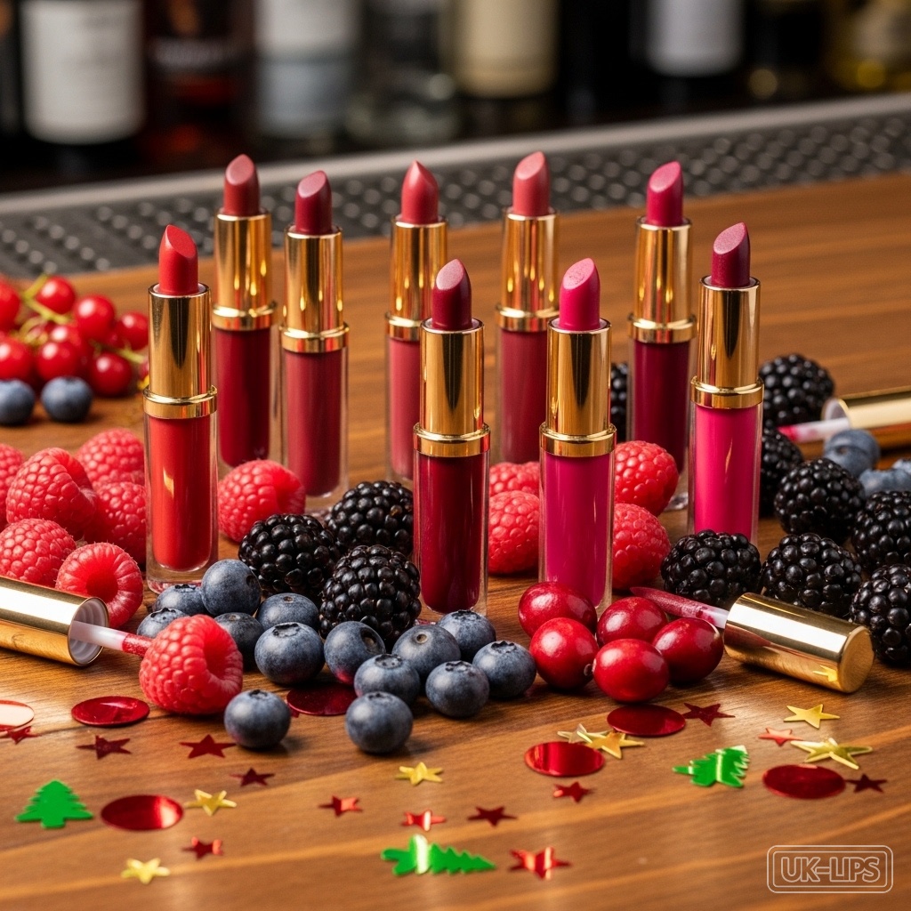 Berry lip stains arranged with holiday props