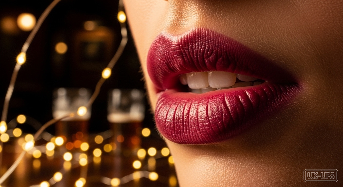 Smirking lips with smoky berry stain in festive Glasgow pub setting