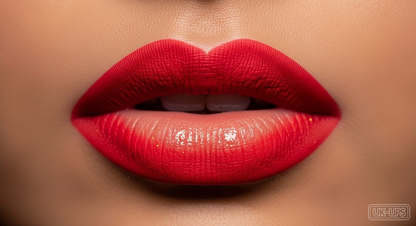 Close-up of bold red lips inspired by Maya Jama's Jingle Bell Ball makeup look for winter 2025 trends.