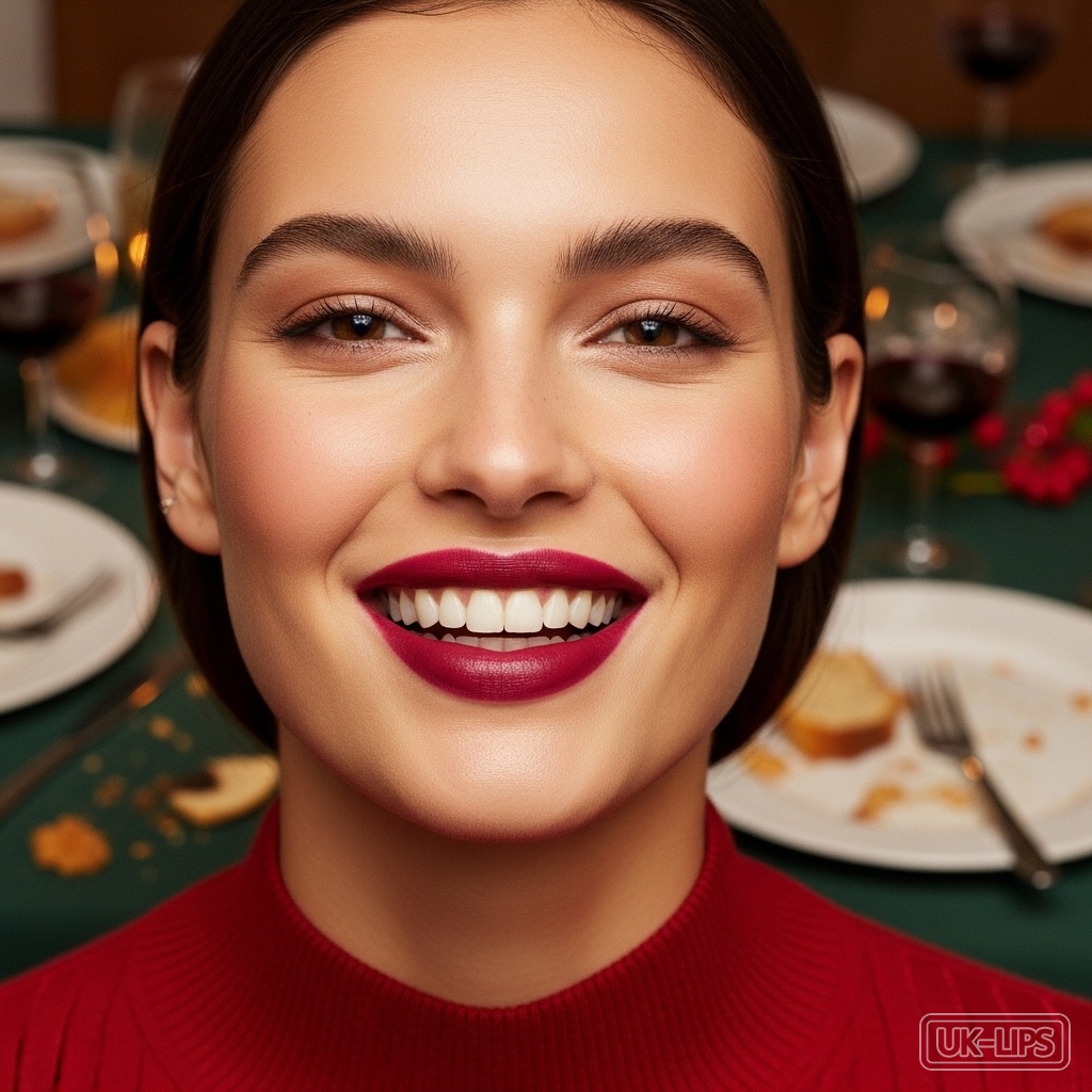 Confident woman with berry-stained lips at a holiday table, symbolizing empowerment amid chaos.