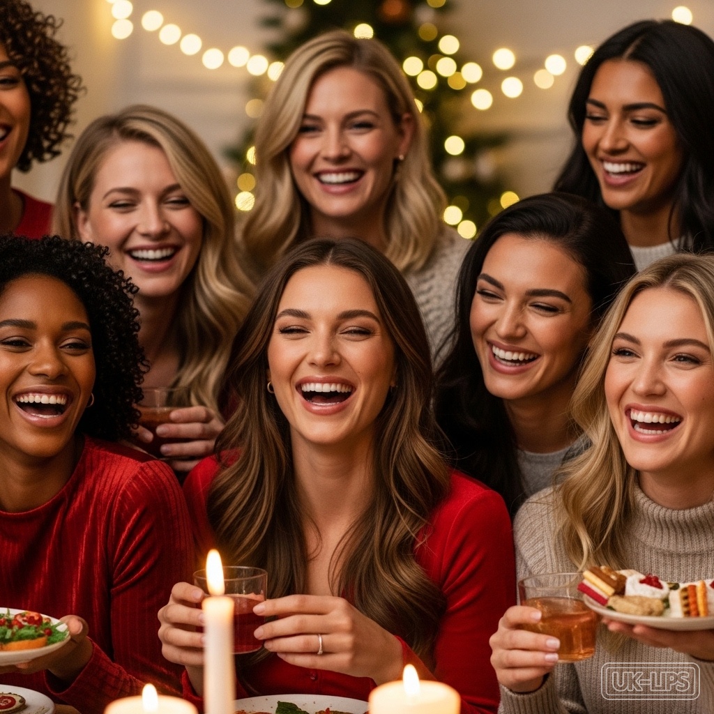 Group of women enjoying holidays with natural, confident lips, rejecting perfection.