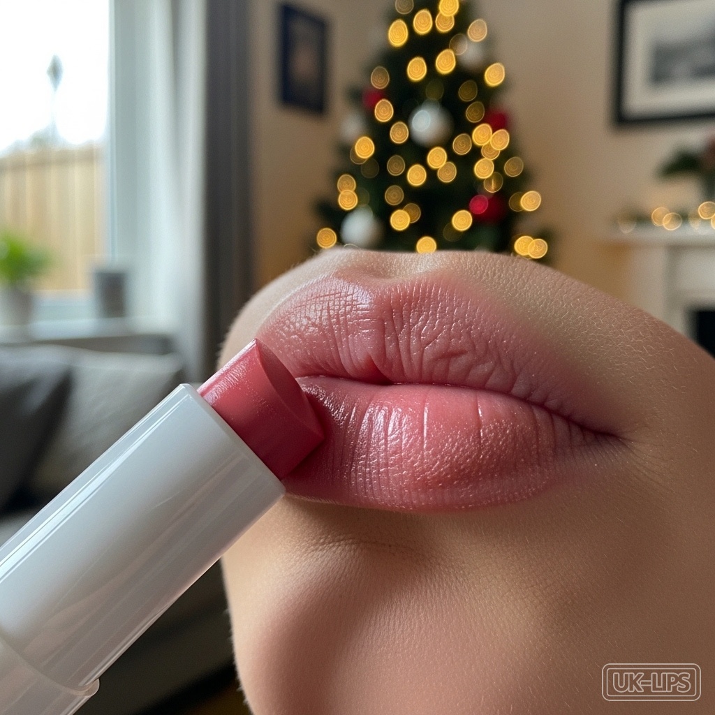 Before-and-after of dry post-Christmas lips revived with simple balm, evoking relatable winter recovery in British homes.