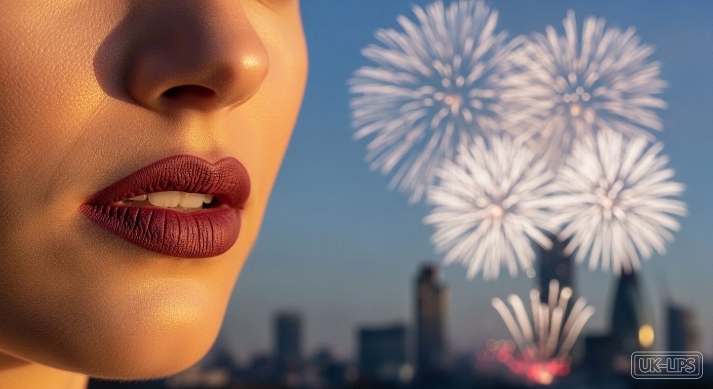 Bold berry lips for New Year's empowerment in a festive UK night scene