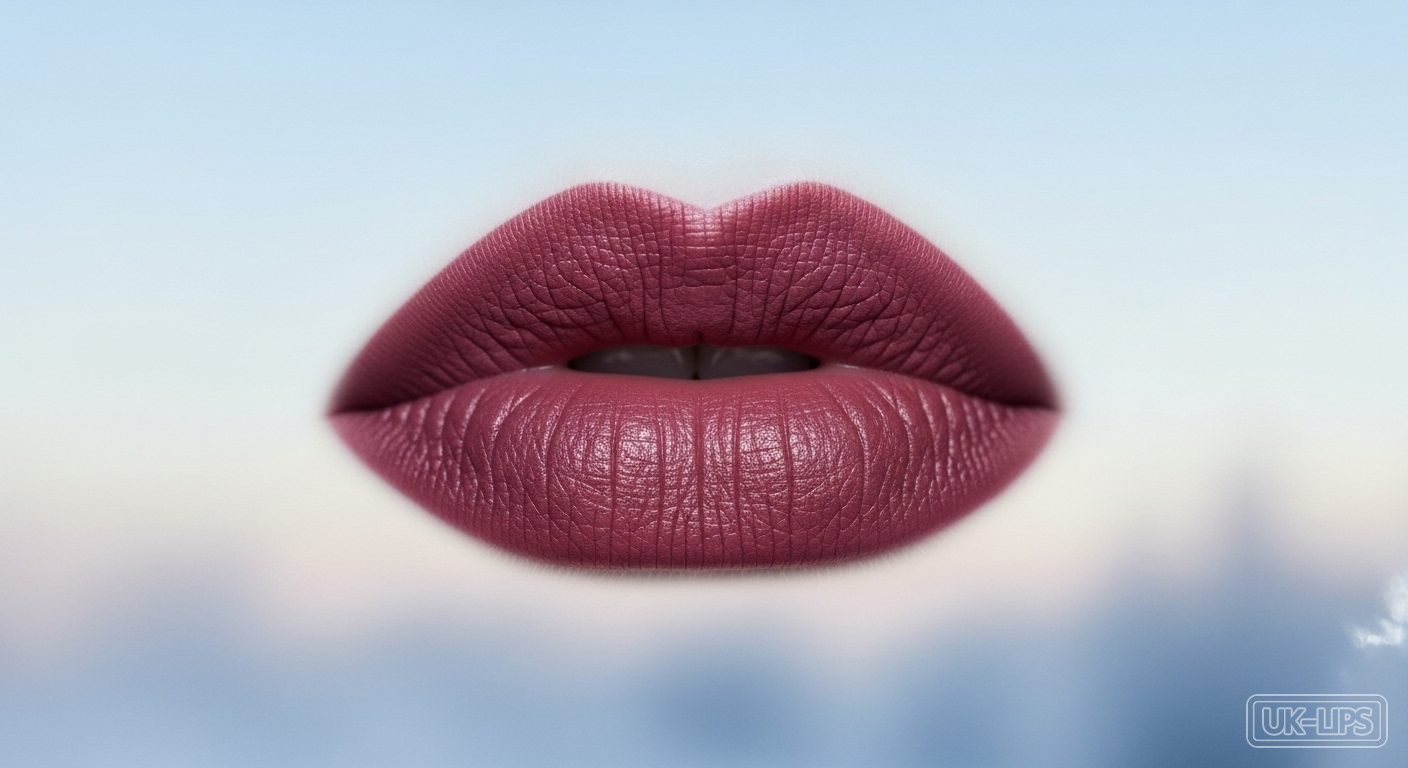 Close-up of smoky berry lips against a frosty winter backdrop highlighting subtle diffusion and hydration
