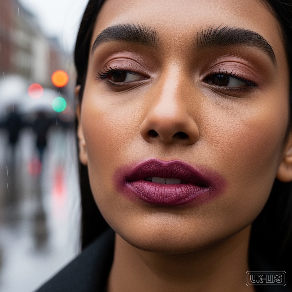 Portrait of woman with diffused smoky berry lips on a rainy street showcasing blurred edge technique