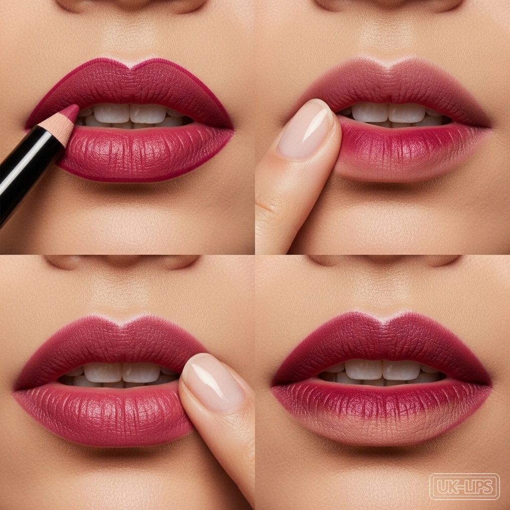 Step-by-step diffused berry lip application showing gradient blurring from centre to edges