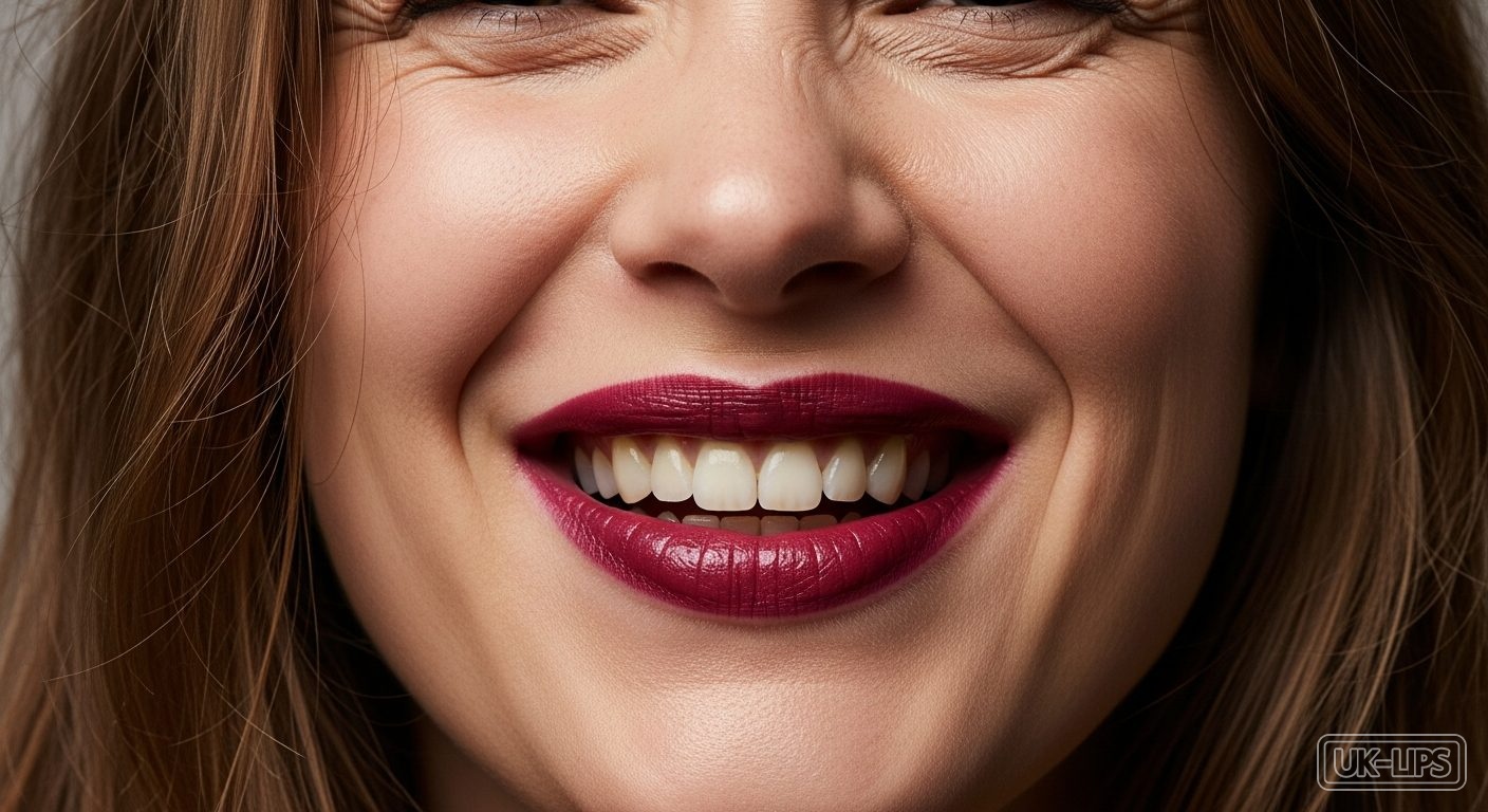 Close-up of textured berry lips with natural lighting in a casual UK setting
