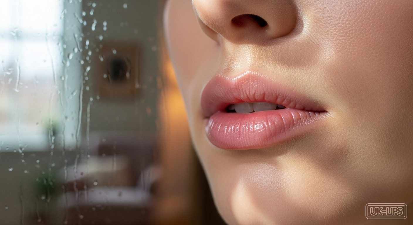 Close-up of dewy, balm-coated lips in soft natural light
