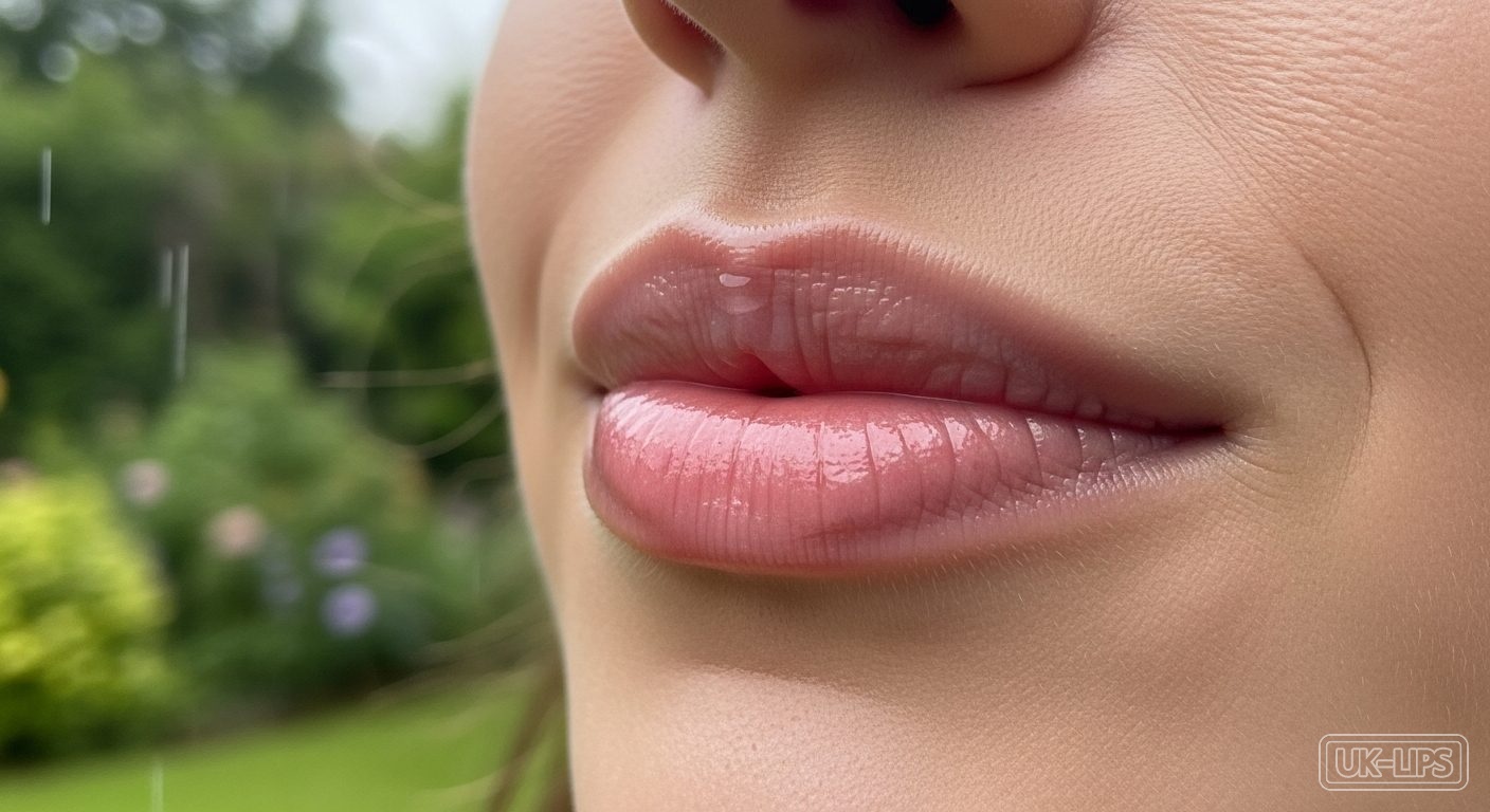 Dewy hydrated lips in soft summer light with natural texture and shine