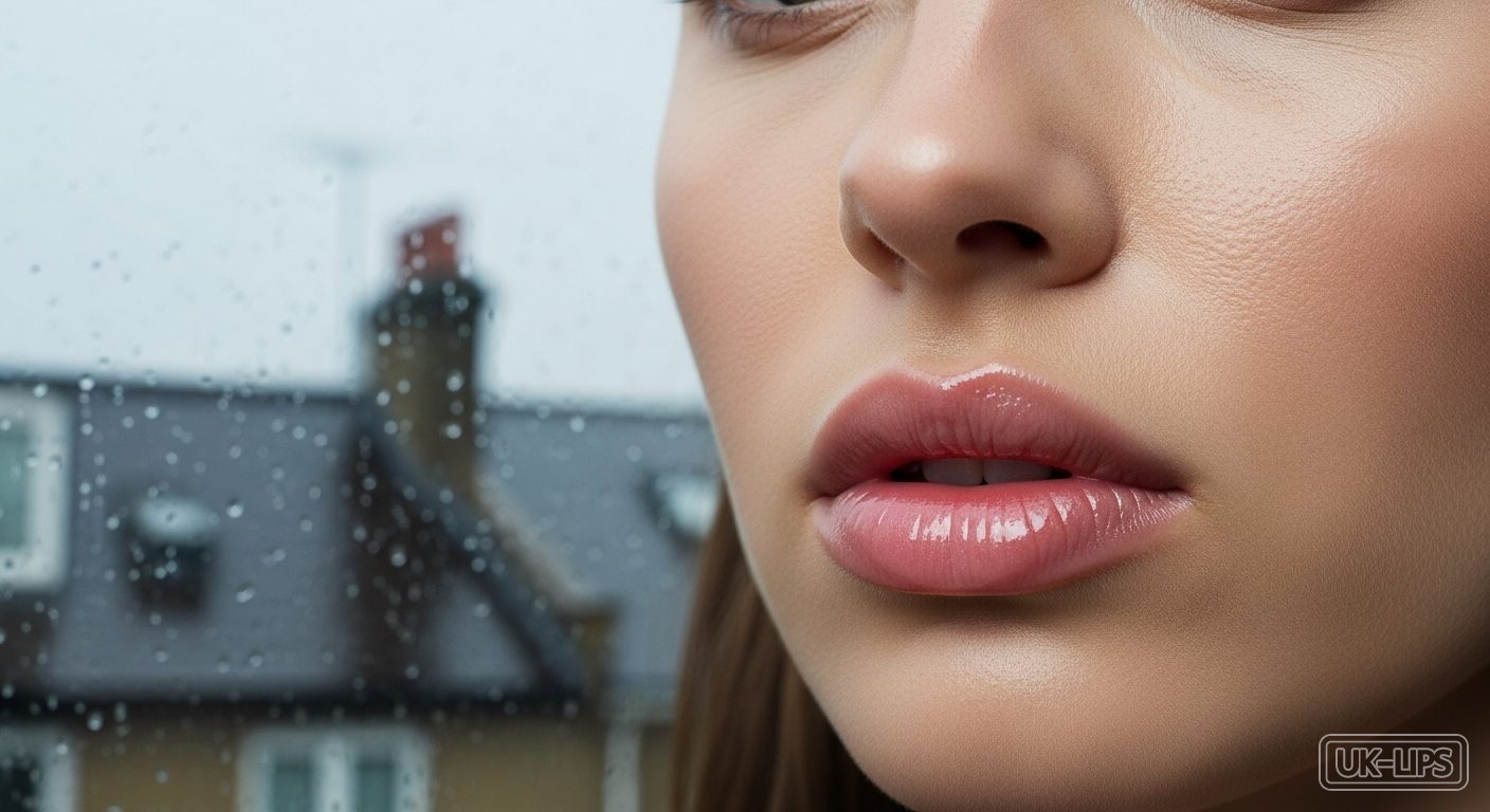 Mid-summer textured lips with high-shine clear gloss in natural UK light