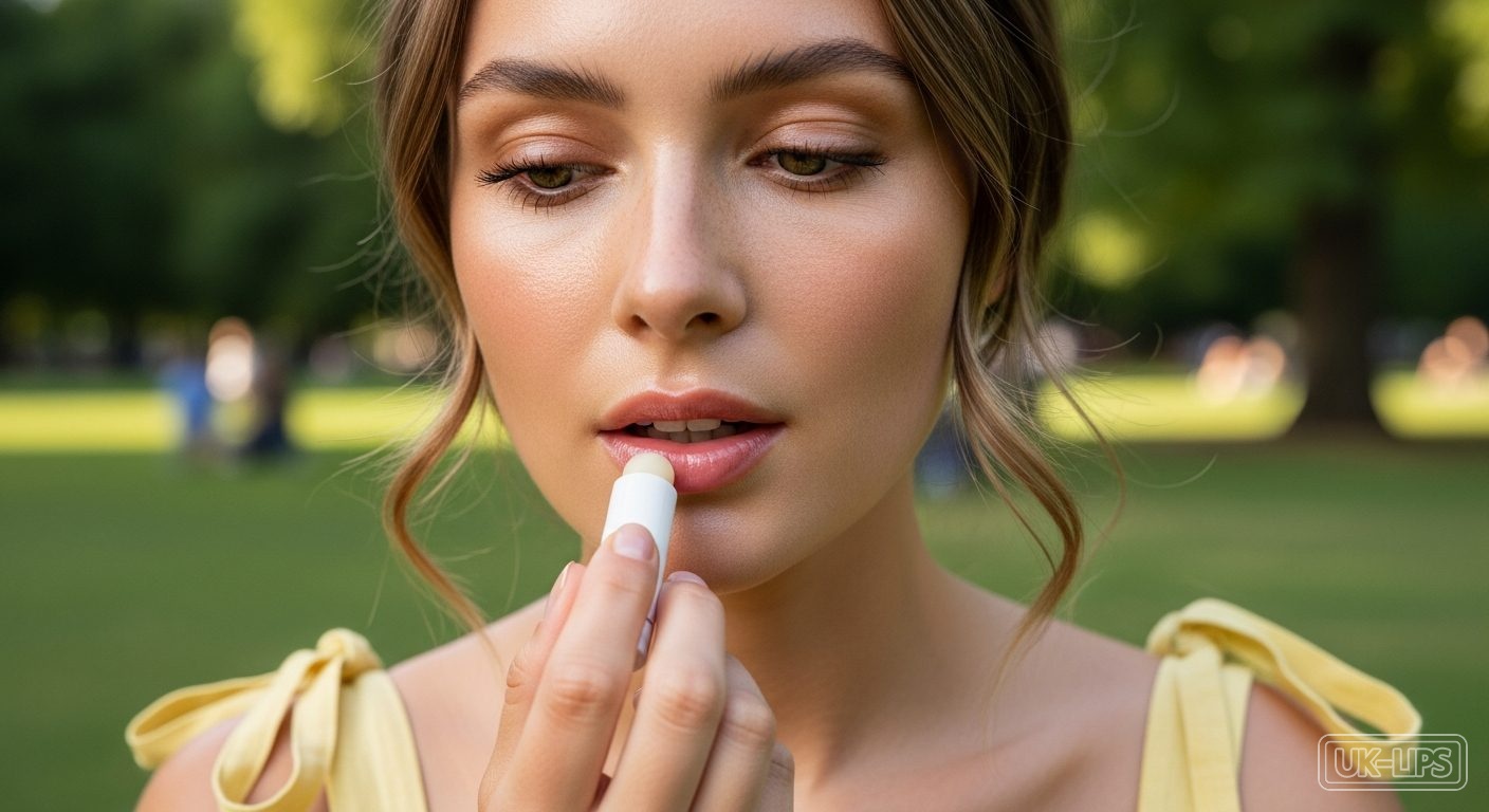 Close-up of hydrated lips with nourishing balm in British summer light