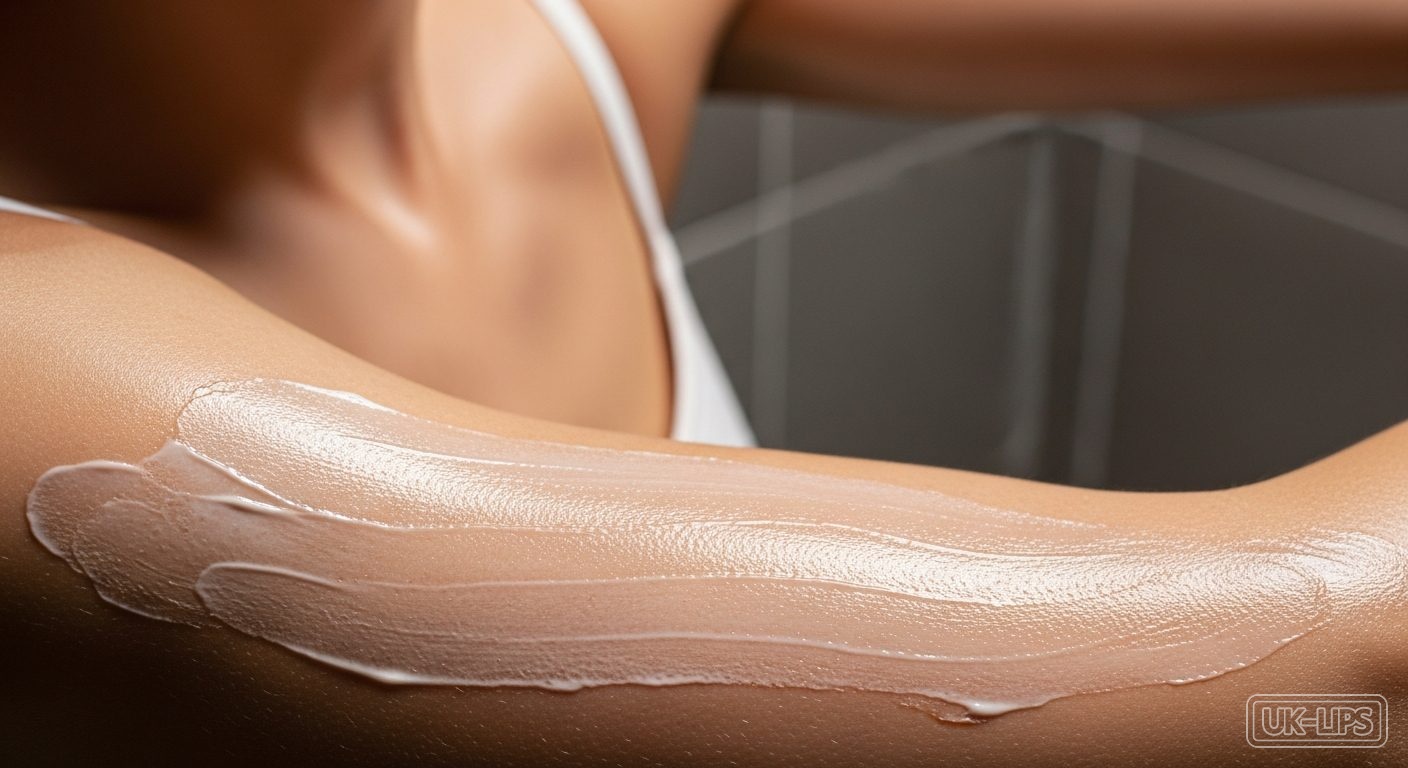 Close-up of layered body cream application on exfoliated skin