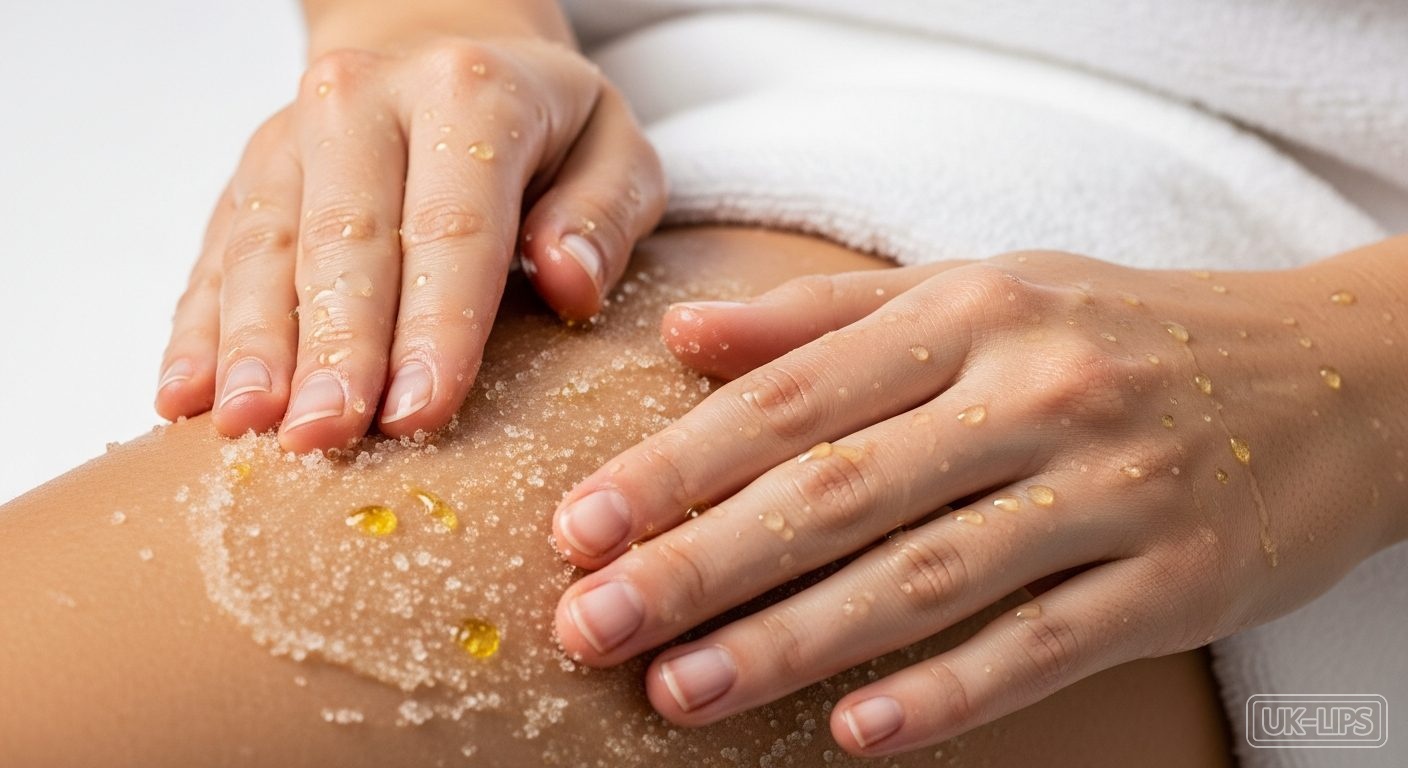 Textured body scrub application on skin with natural lighting
