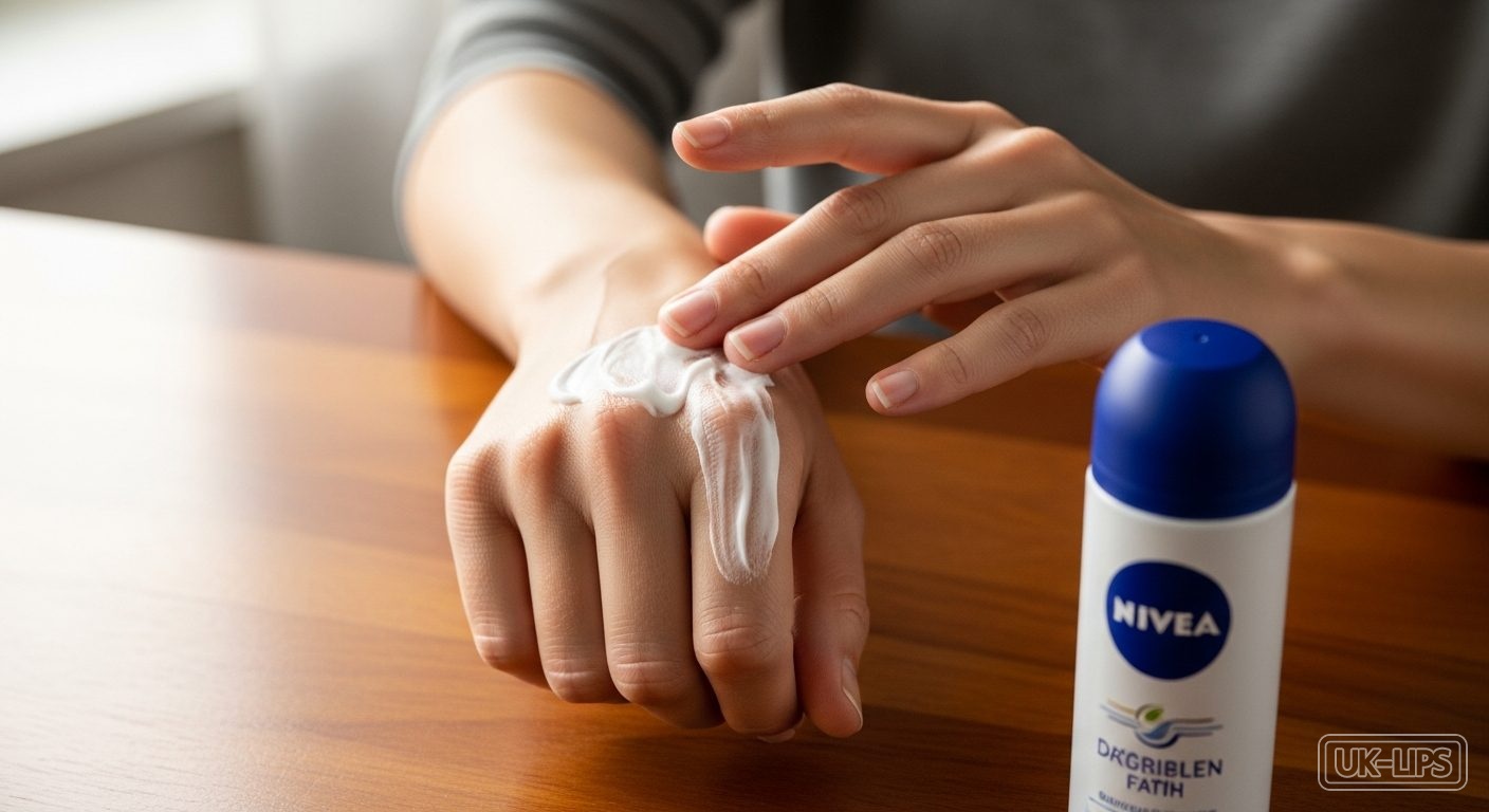 Woman's hands applying Atrixo hand cream beside NIVEA deodorant on office desk