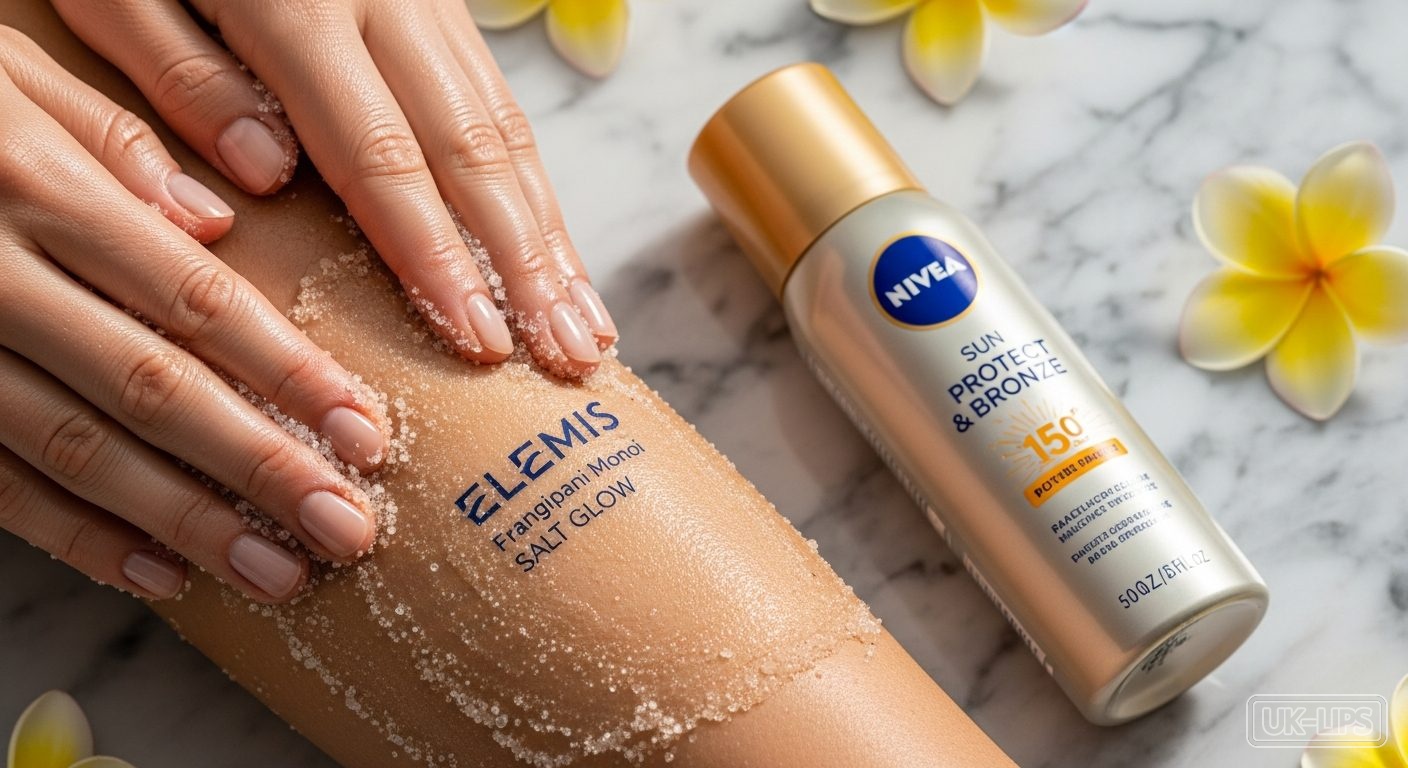 Application of body scrub before tanning lotion on British skin