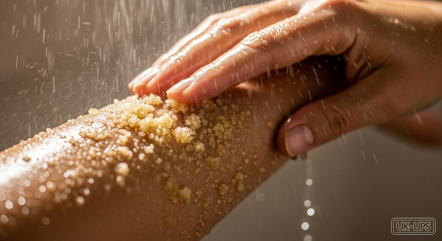 Close-up of body scrub application on damp skin with visible grains
