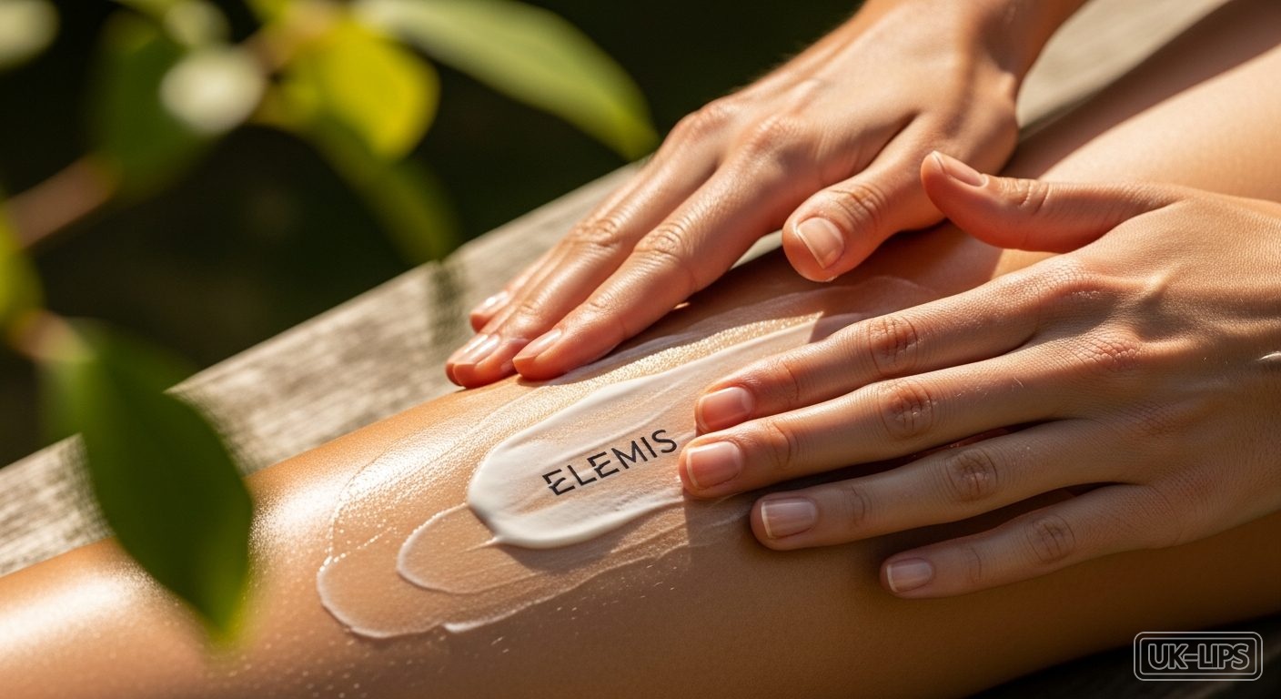 Close-up of hands applying Elemis Exotic Frangipani Monoi Body Cream to glowing summer skin