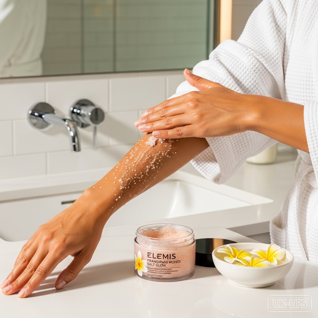 Elemis Frangipani Monoi Salt Glow being worked into damp skin