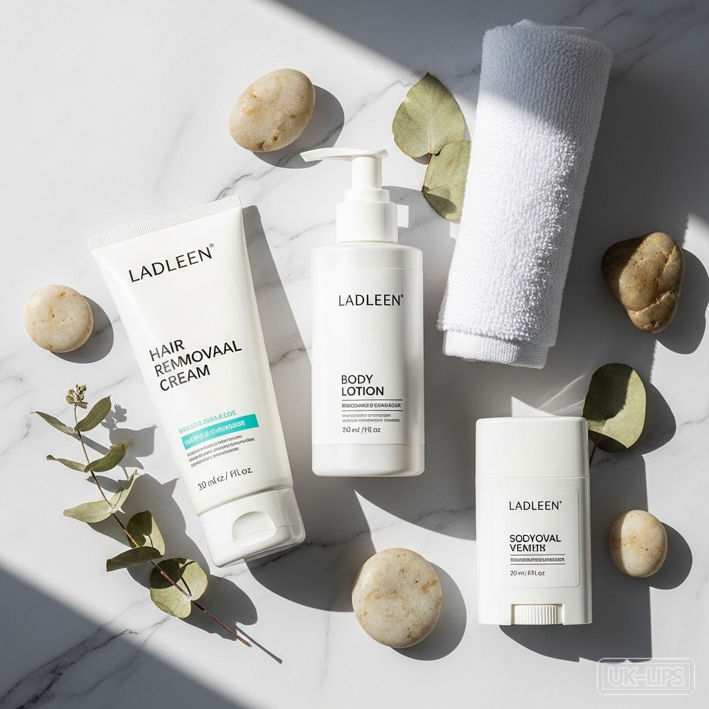 Flat lay of hair removal cream, lotion and deodorant on marble