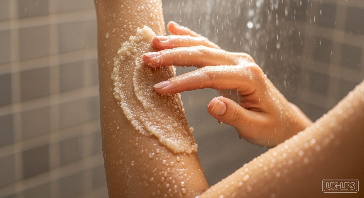 Woman applying body scrub in shower with visible skin texture and soft lighting