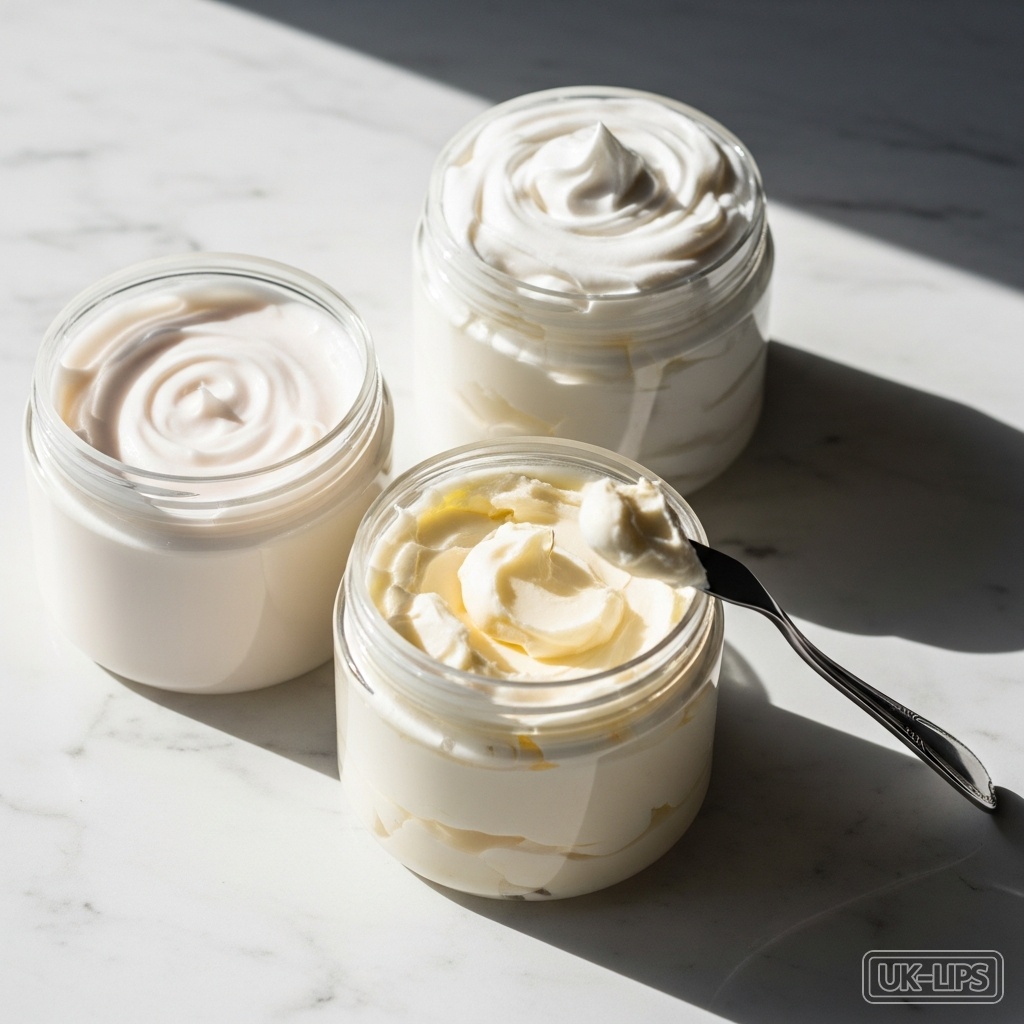 Different body lotion textures displayed in open jars on marble