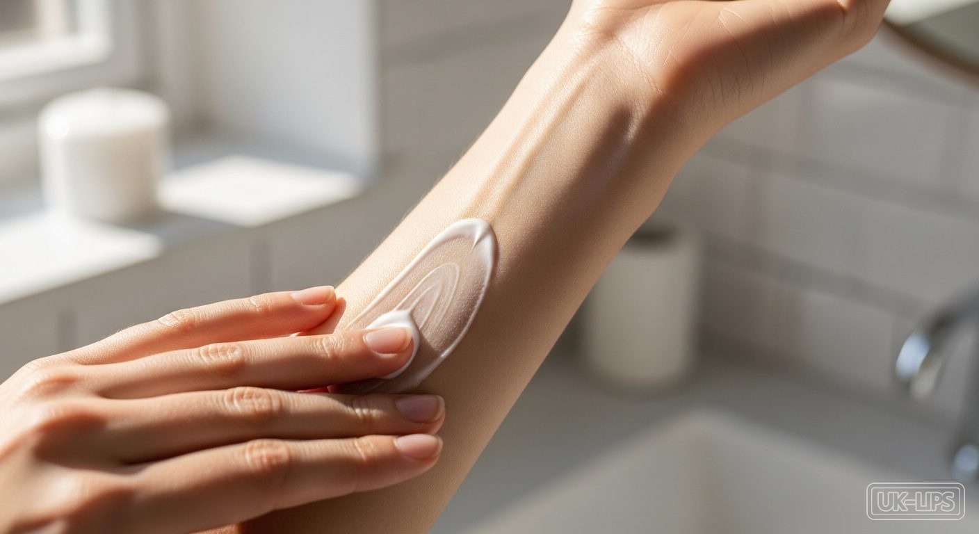 Woman applying Elemis body cream to forearm showing texture and absorption