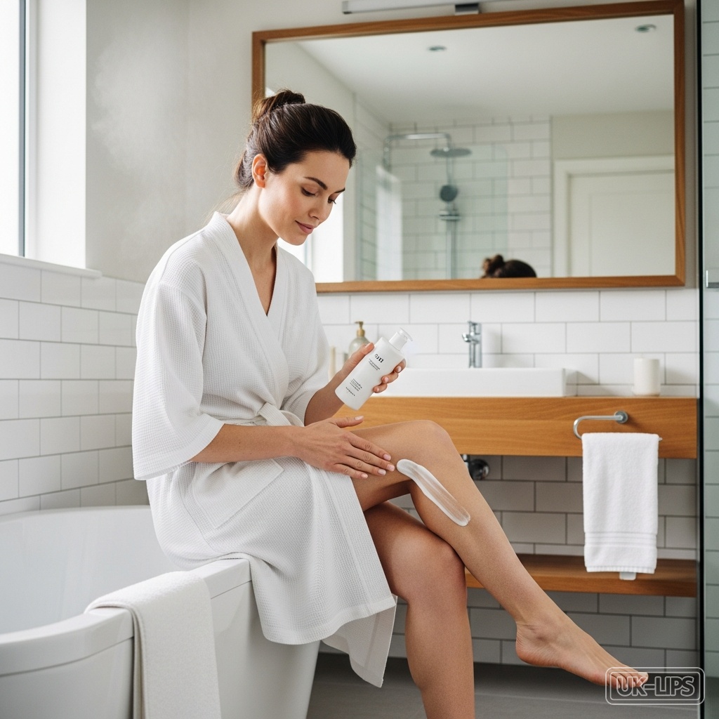 Woman applying lightweight body lotion to legs after shower