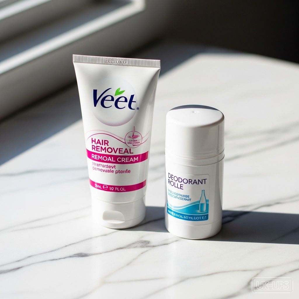 Veet hair removal cream and deodorant roll-on arrangement