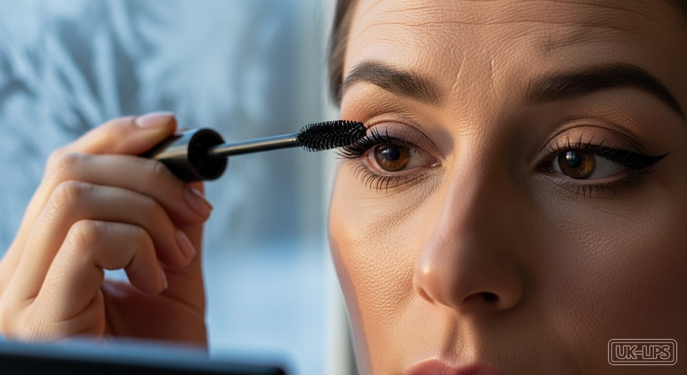 Close-up of mascara application on natural lashes with soft winter light