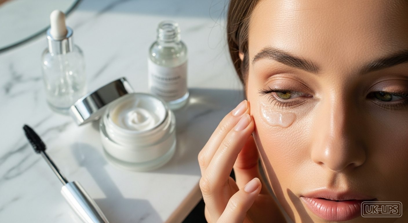 Woman layering eye serum then cream before mascara application