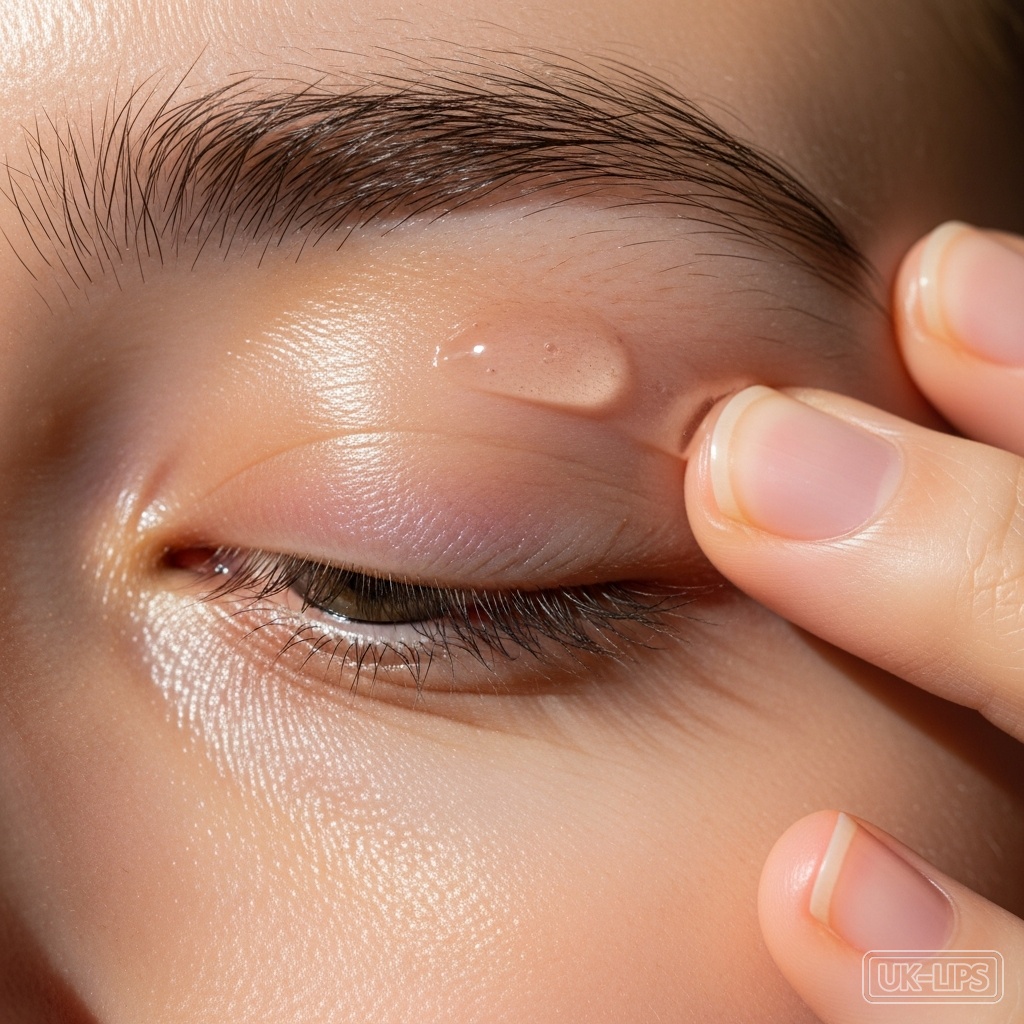 Woman patting antioxidant eye serum onto oily lid before makeup