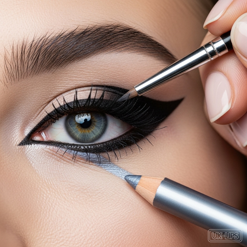 Winged eyeliner application with shimmer detail