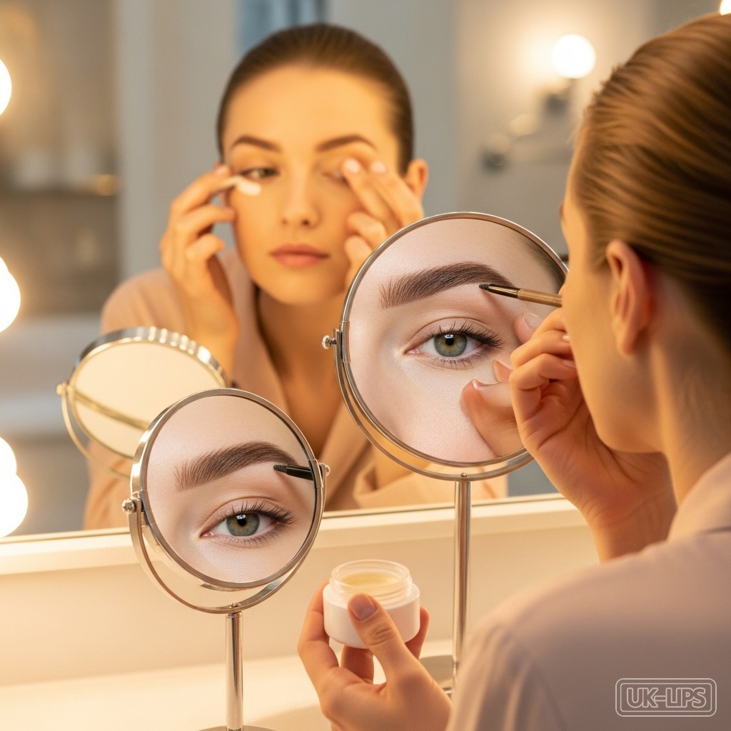 Step-by-step brow pencil application with eye balm prep