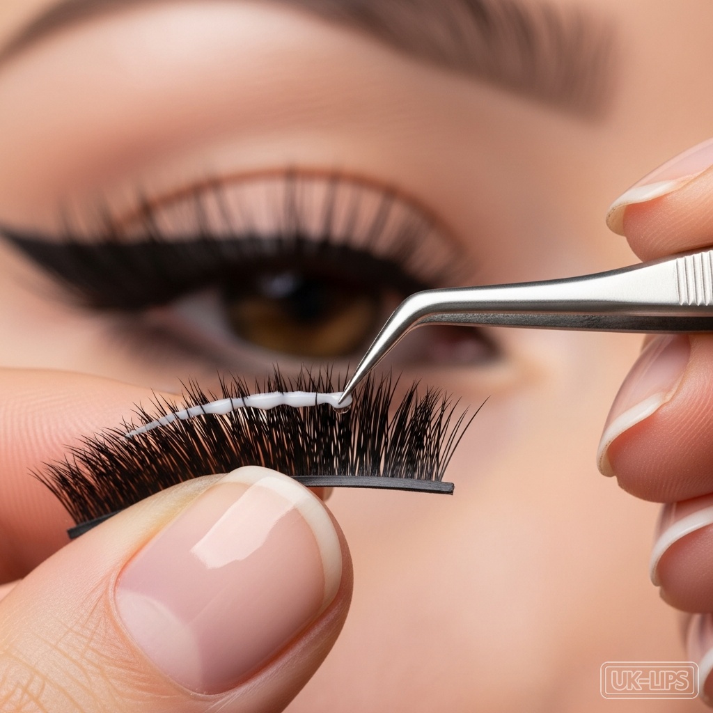 Step-by-step false lash application with glue and tweezers