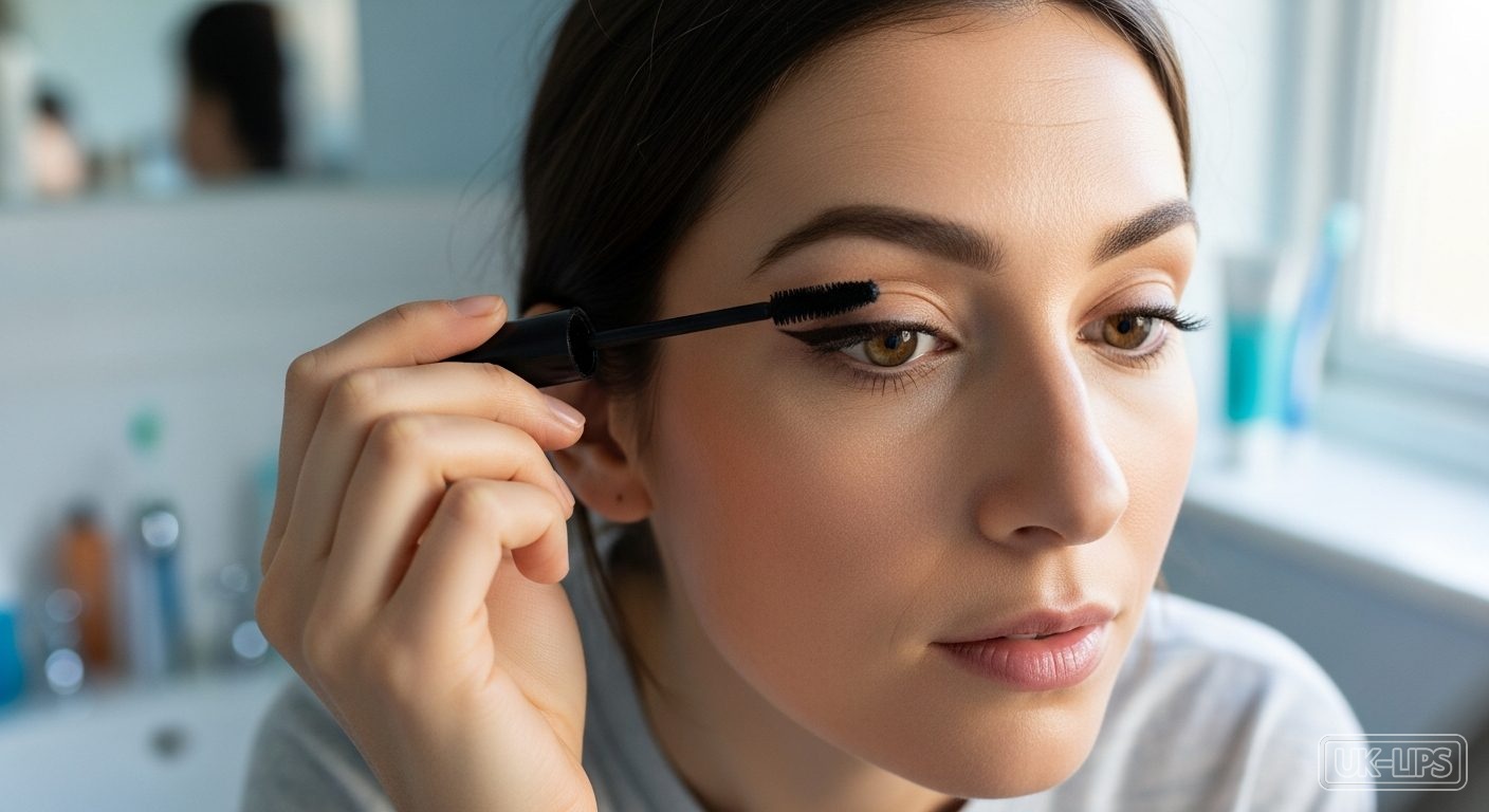 Woman applying mascara and brow pencil for quick everyday eye definition