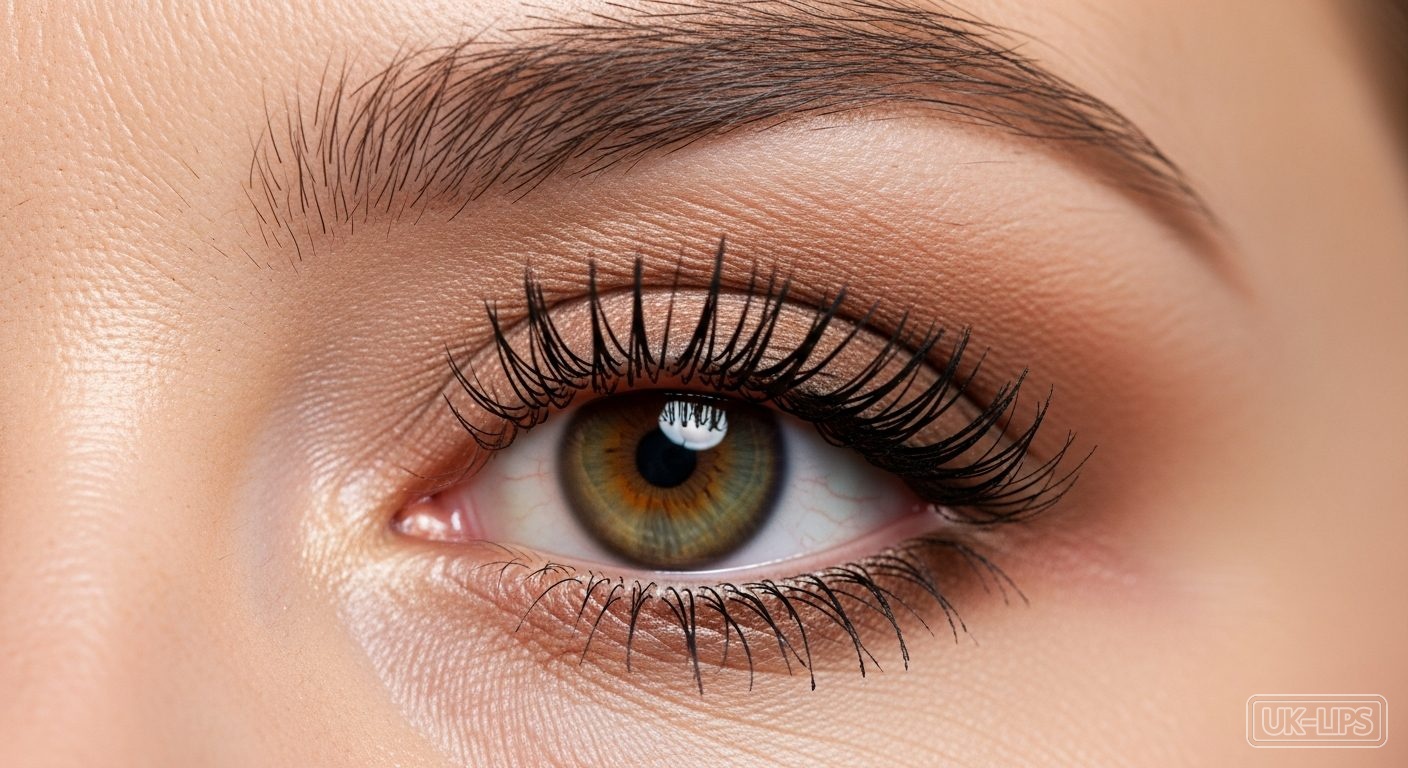 Close-up of layered mascara, subtle eyeshadow and groomed brow in natural daylight