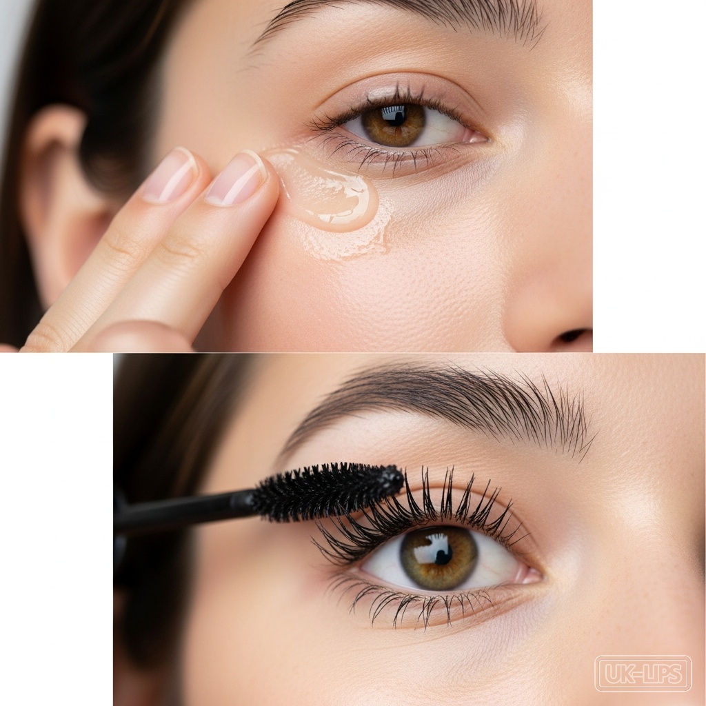 Woman applying eye cream then mascara on dry skin
