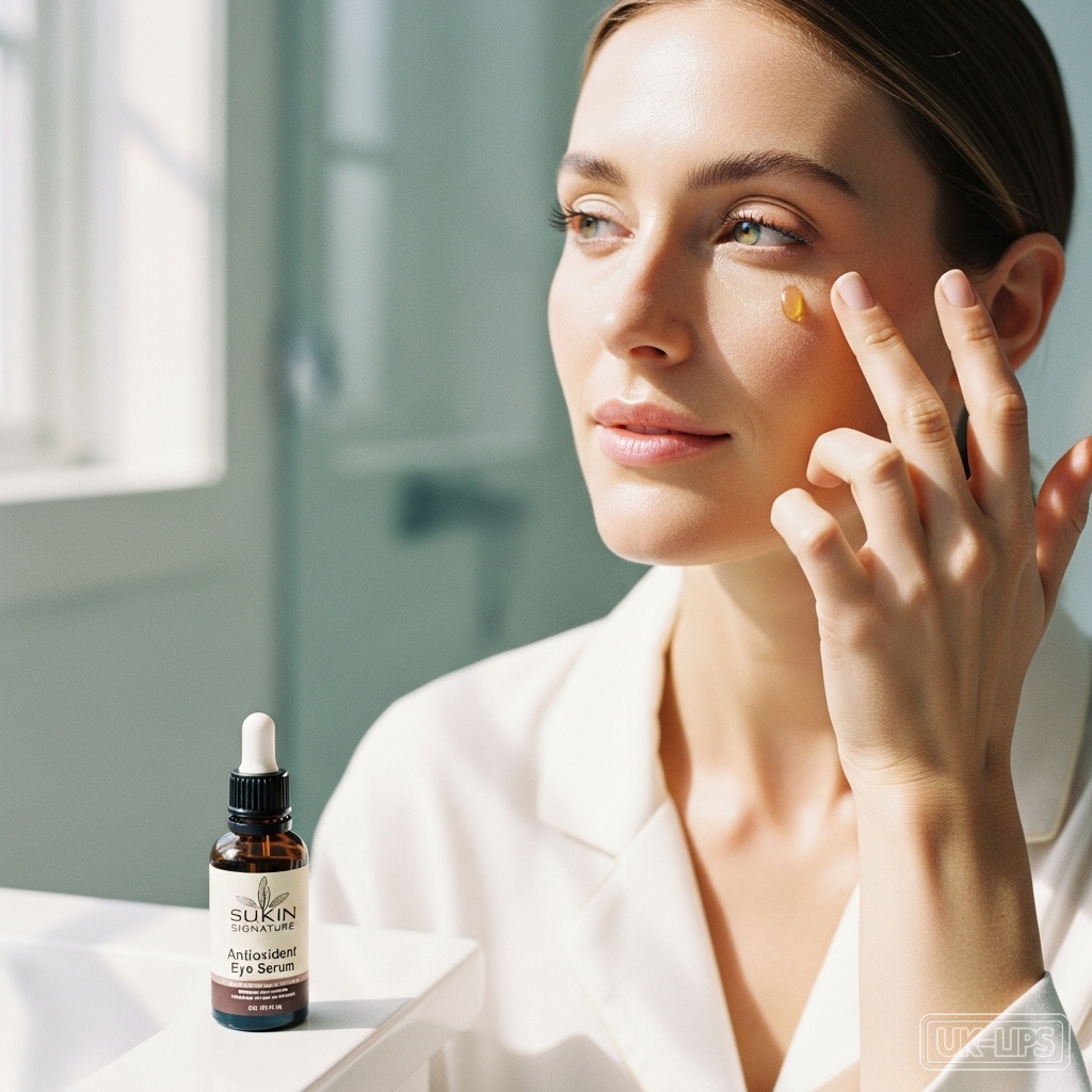 Patting antioxidant eye serum under the eyes
