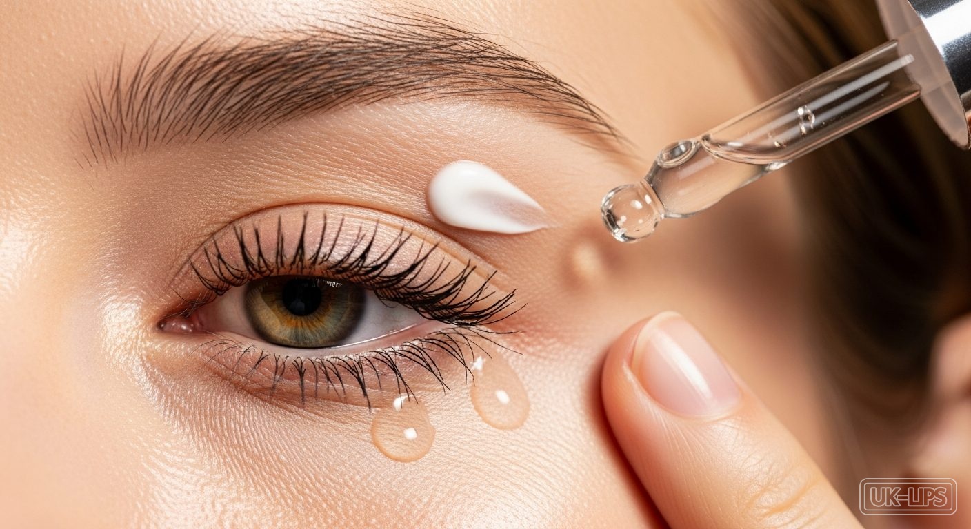 Woman applying eye serum then cream before makeup in soft natural light